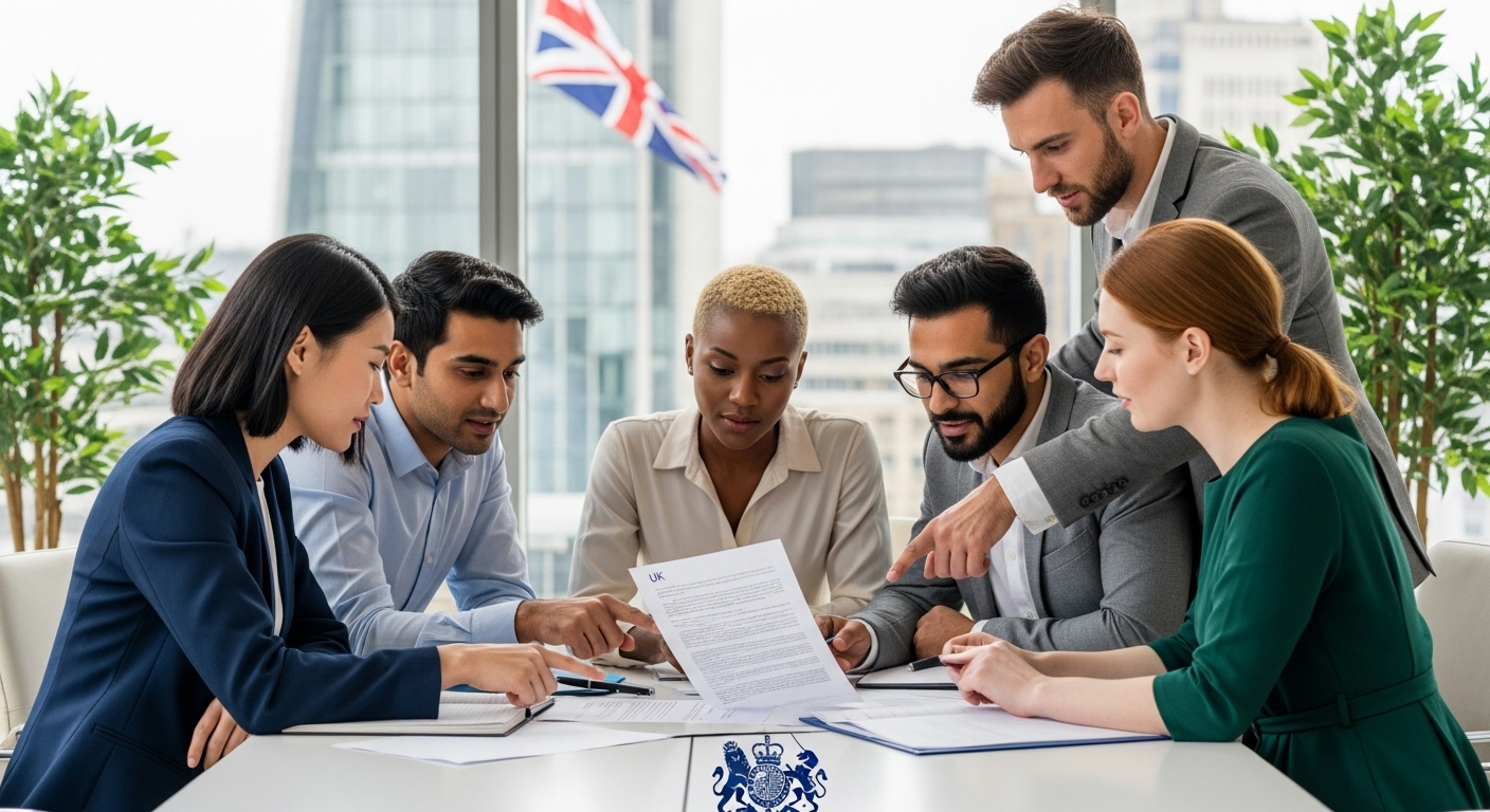 A diverse group of expat entrepreneurs, professionally dressed, looking at a legal document with a British flag subtly in the background, signifying legal advice for expat startups in the UK, in a modern office setting. Focus on expressions of thoughtful collaboration and clarity.