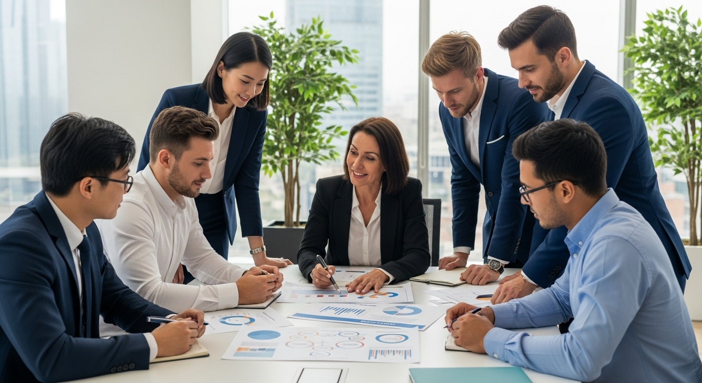 A diverse group of expat business owners, professionally dressed, engaged in a discussion with a tax advisor in a modern, light-filled office setting. They are looking at charts and documents on a table, illustrating complex tax structures and financial planning. The atmosphere is collaborative and focused, with a sense of relief and clarity on their faces.