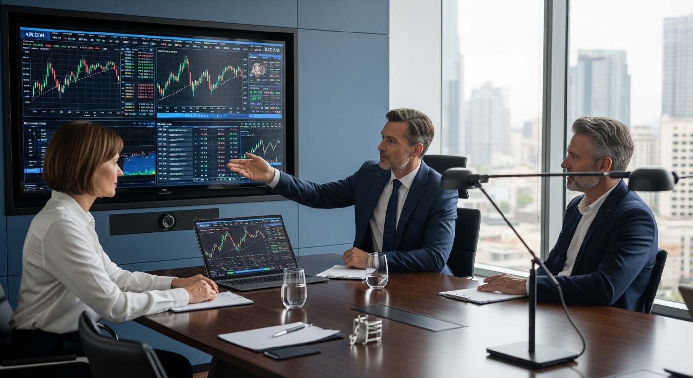 A professional financial advisor discussing complex investment strategies with a high-net-worth expat couple in a modern, elegant office setting, showcasing various digital screens displaying stock market data and financial charts in the background. The atmosphere is serious yet collaborative, with natural light streaming in.