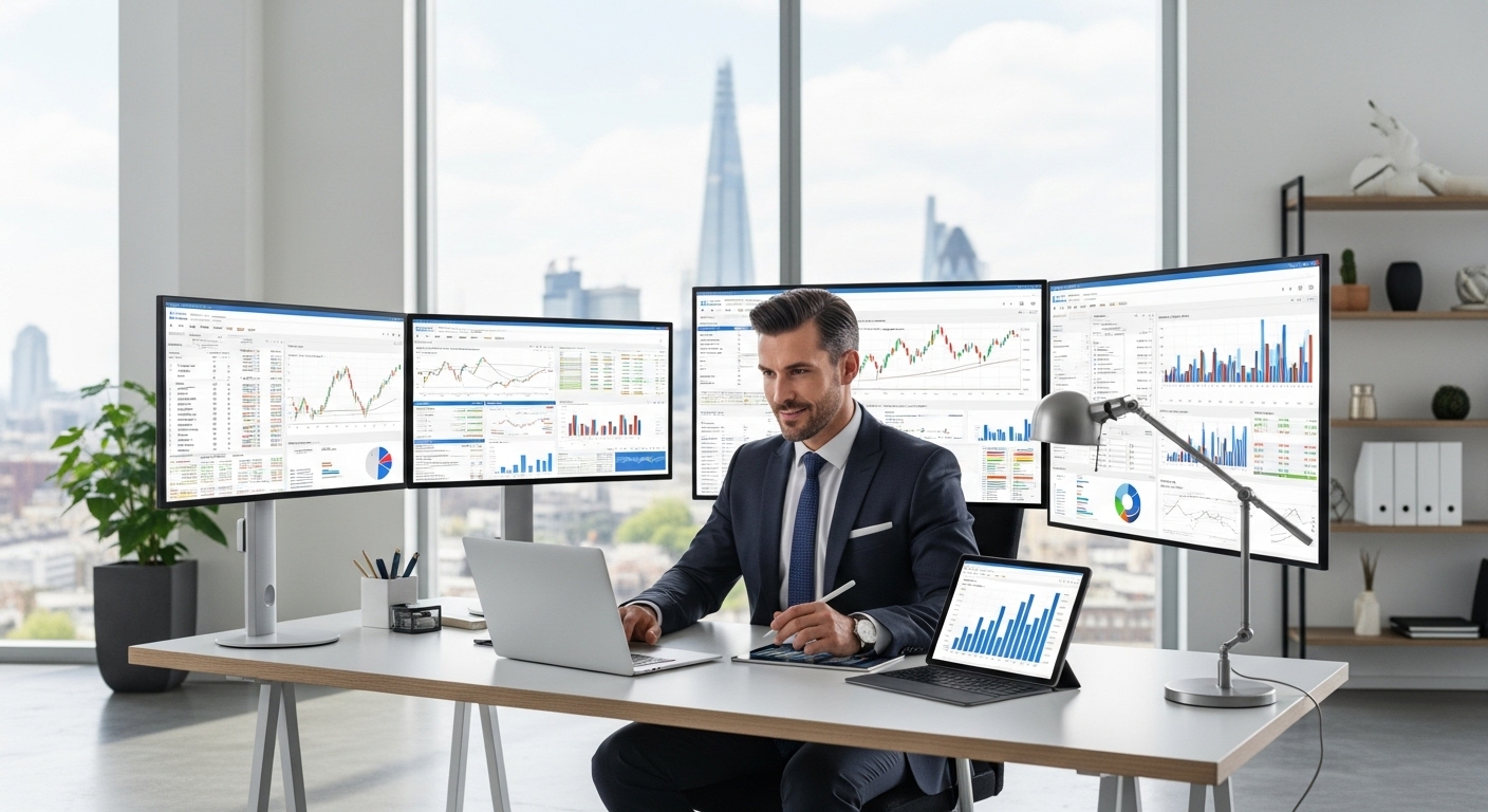 A professional expat business person in a modern, light-filled office space in London, looking confidently at a laptop screen, surrounded by charts and financial data on other screens. The scene is bright and depicts success, with a blurred cityscape visible through a large window.