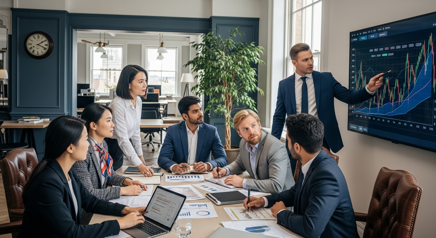 A diverse group of business professionals in a modern, collaborative office setting, actively discussing documents and charts, with one person pointing to a financial graph on a large screen. The scene should convey expertise, collaboration, and strategic planning, with a subtle British influence in the office decor.