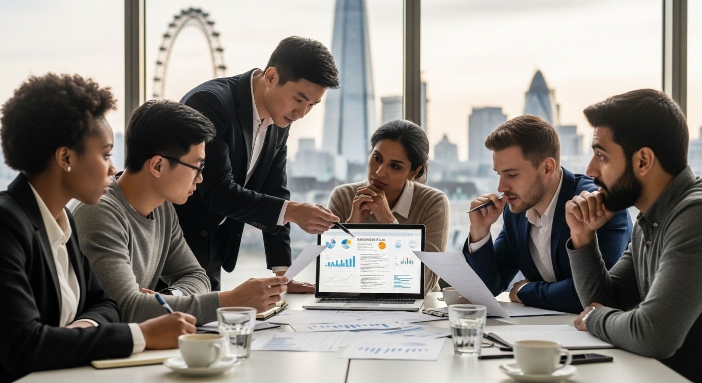 A diverse group of international entrepreneurs, one of whom is an expat, reviewing financial documents and a detailed business plan on a laptop, with the iconic London skyline subtly blurred in the background, conveying ambition and opportunity.