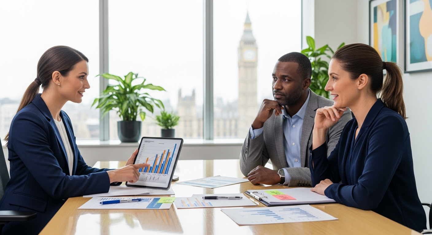 A professional female financial advisor in a modern, brightly lit office, explaining complex financial documents to a diverse expat couple. The advisor is pointing to charts on a tablet, while the couple listens attentively. A subtle UK flag or London landmark can be seen in the blurred background, emphasizing the location.