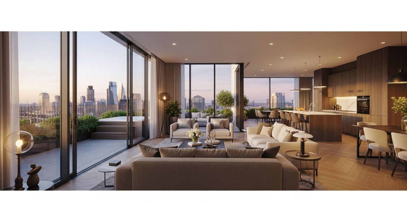 A panoramic, photorealistic view of a luxurious modern penthouse apartment in London, featuring floor-to-ceiling windows overlooking the city skyline, a spacious open-plan living area with high-end designer furniture, a state-of-the-art kitchen, and a private rooftop terrace with lush greenery and a hot tub. The lighting is warm and inviting, showcasing exquisite interior design details.