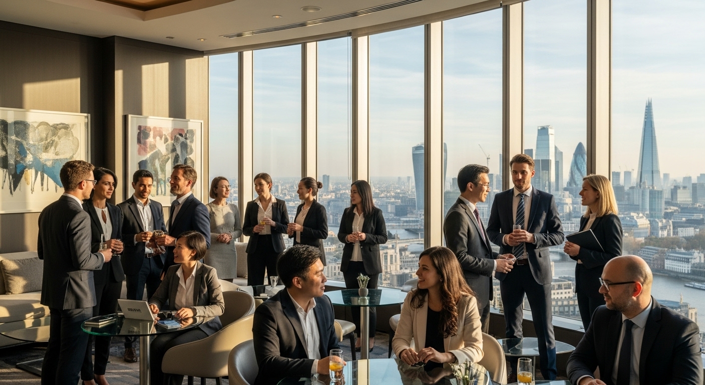 A diverse group of international business professionals in smart attire are networking at a high-end business lounge in London, with the city skyline visible through large windows in the background. The atmosphere is professional and collaborative, with natural light illuminating the scene. Photorealistic, wide shot.